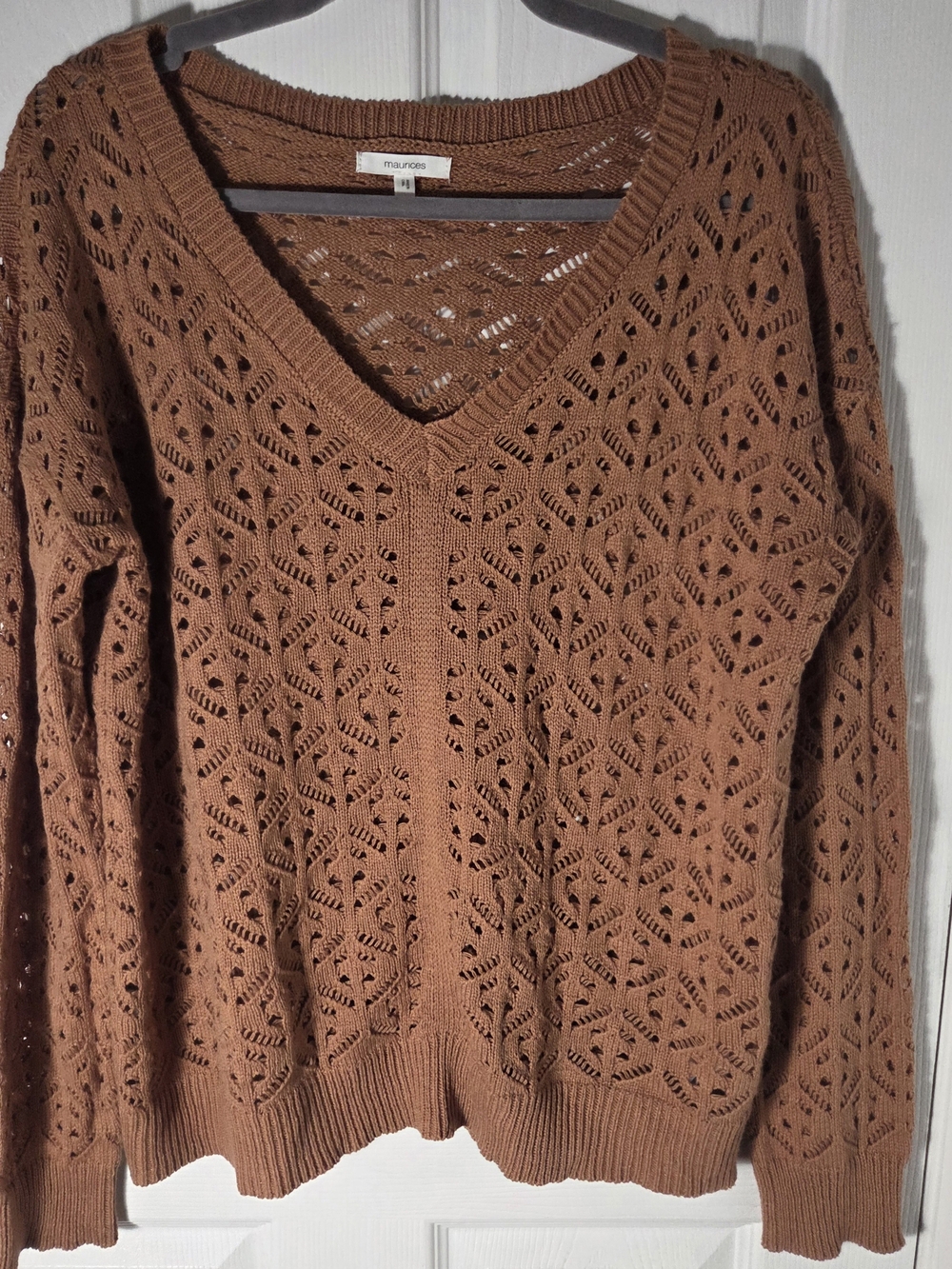 Maurices Pointelle Open Knit Sweater Women’s Medium Rust Brown V-Neck Boho